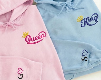 King And Queen Couple Embroidered Sweatshirt, Matching Valentine's Day Sweater, Custom Matching Hoodie, Personalized Gift For Him Crewneck