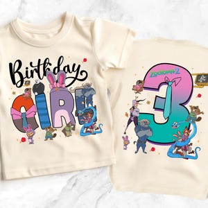A white t-shirt with a birthday theme featuring cartoon characters and the text "Birthday Girl 3".