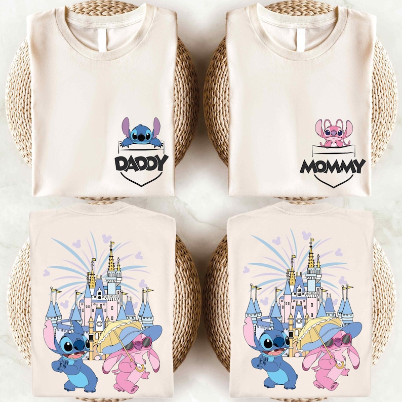 a pair of t - shirts with cartoon characters on them