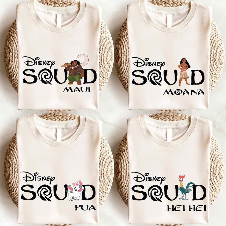 four t - shirts with the names of disney and moan on them
