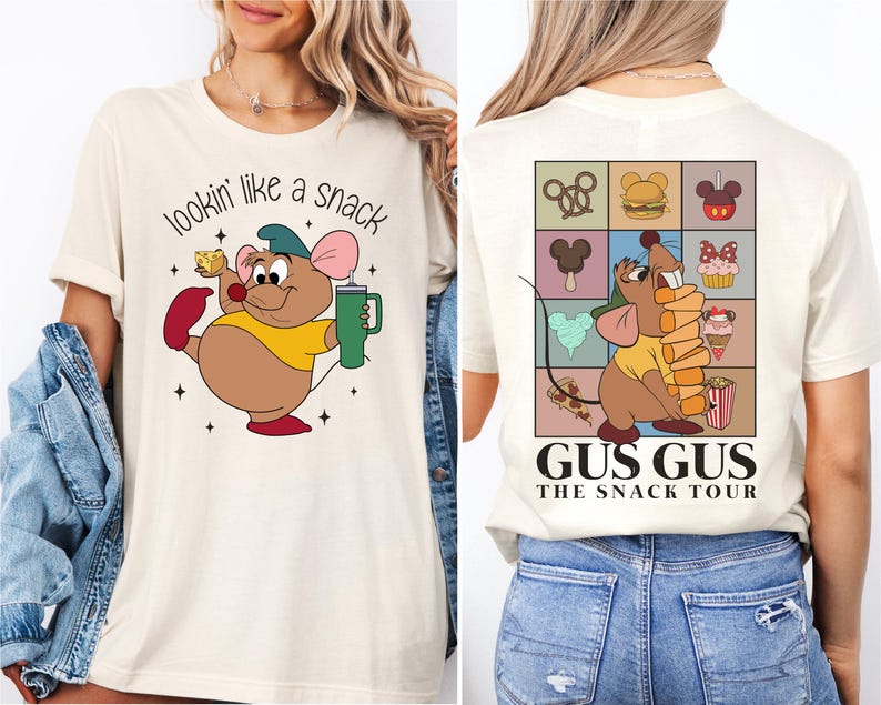 a woman wearing a t - shirt with an image of a mouse on it
