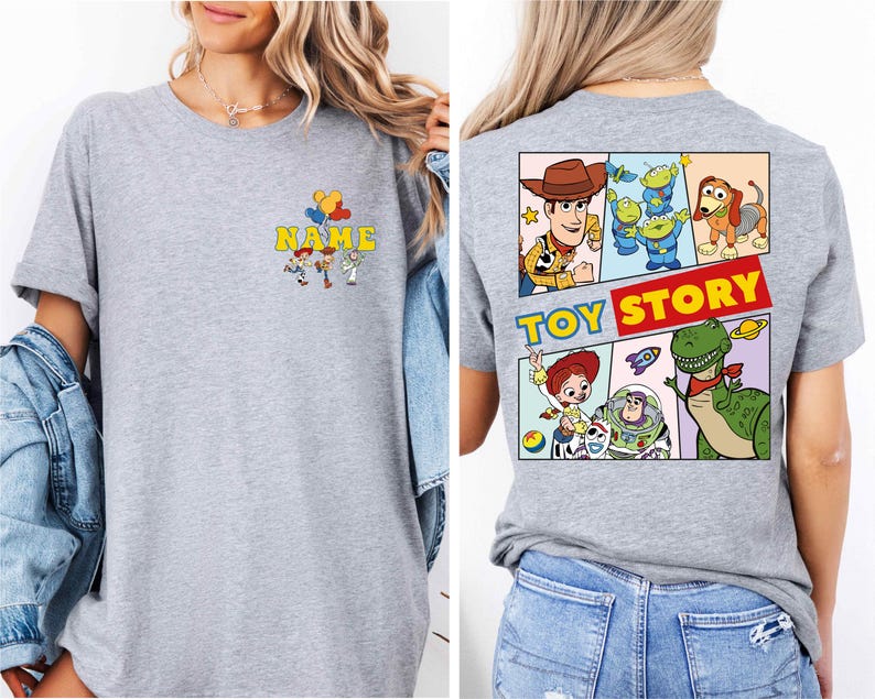 a woman wearing a toy story t - shirt