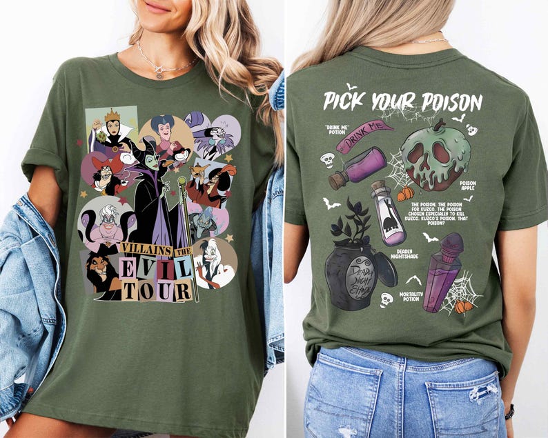 a woman wearing a green t - shirt with cartoon characters on it