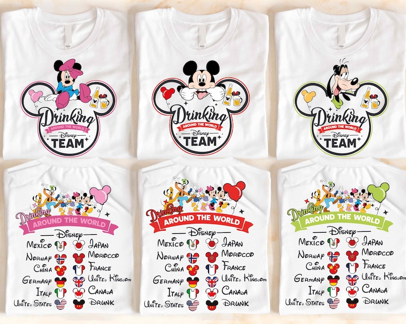 a group of mickey mouse shirts with names on them