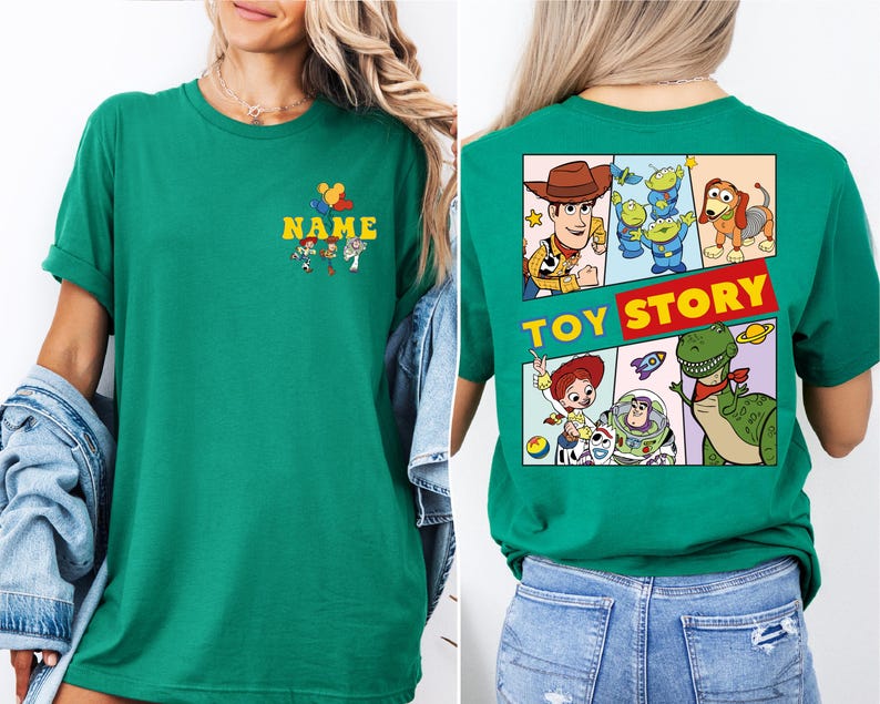 a woman wearing a green toy story t - shirt