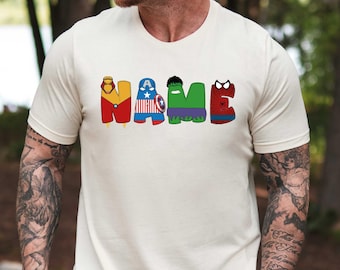 Gepersonaliseerde T-shirt superheldnaam, Avengers Party-sweater, Disney-naamshirt, aangepast T-shirt jongens, aangepast T-shirt meisjes, verjaardagsshirt superheld