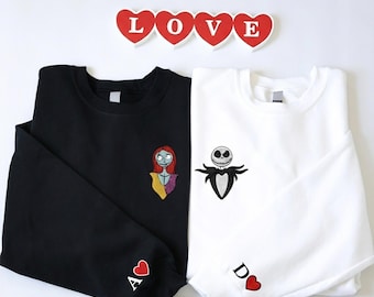 Felpa con cappuccio ricamata per San Valentino: felpa con ricamo Jack Sally, ricamo del nome sulla manica, felpa con ricamo di coppia Disney