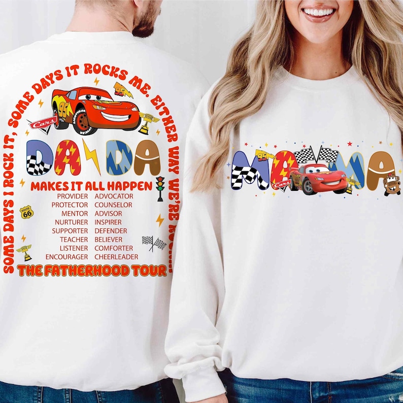 a man and a woman wearing matching sweatshirts