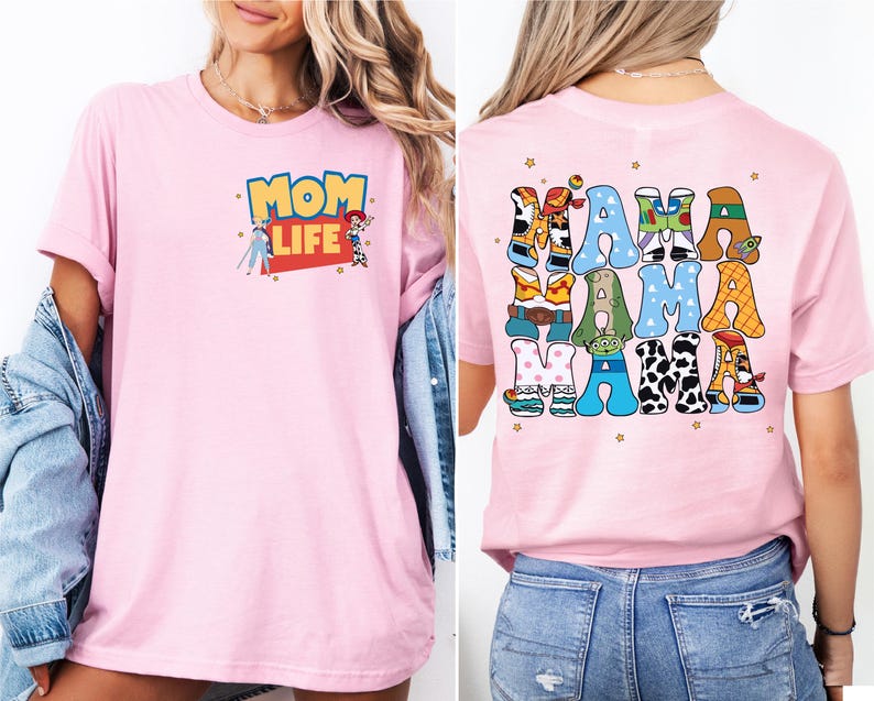 a woman wearing a pink mom life shirt