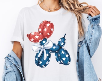 Maglietta con cane e palloncino per il 4 luglio, maglietta patriottica, maglietta per il Giorno dell'Indipendenza, maglietta per il Memorial Day, maglietta estiva, maglione con animale e bandiera americana