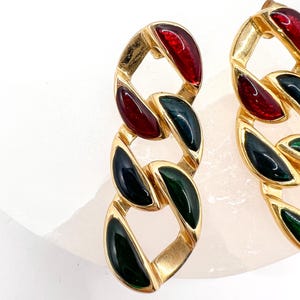 Vintage Retro Earrings,Gold, Red and Green Drop, 1980 Womens Fashion Costume Jewellery, Everyday Accessories and Jewelry, Chunky Chain Style