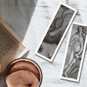 8 Printable Aesthetic Bookmarks Featuring Elements from Botticelli&#39;s Birth of Venus – Black and White, Unique Gift for Classical Art Lovers