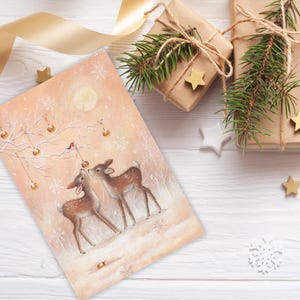 Gezellige dierenkerstkaart, een digitale nostalgische kerstkaart, handgetekende dieren png, besneeuwde winterdag, portret opvouwbare vintage kerstkaart