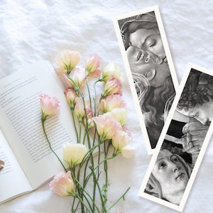 10 Printable Minimal Bookmarks Featuring Elements from Botticelli&#39;s Art pieces – Black and White, Unique Great Art Gift, Vintage texture art