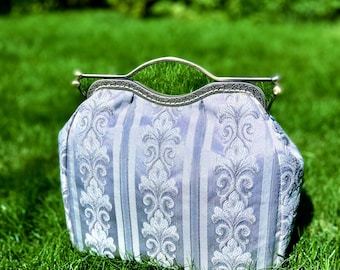 Gray Jacquard Kiss Lock Handbag, Handmade Metal Clasp Purse
