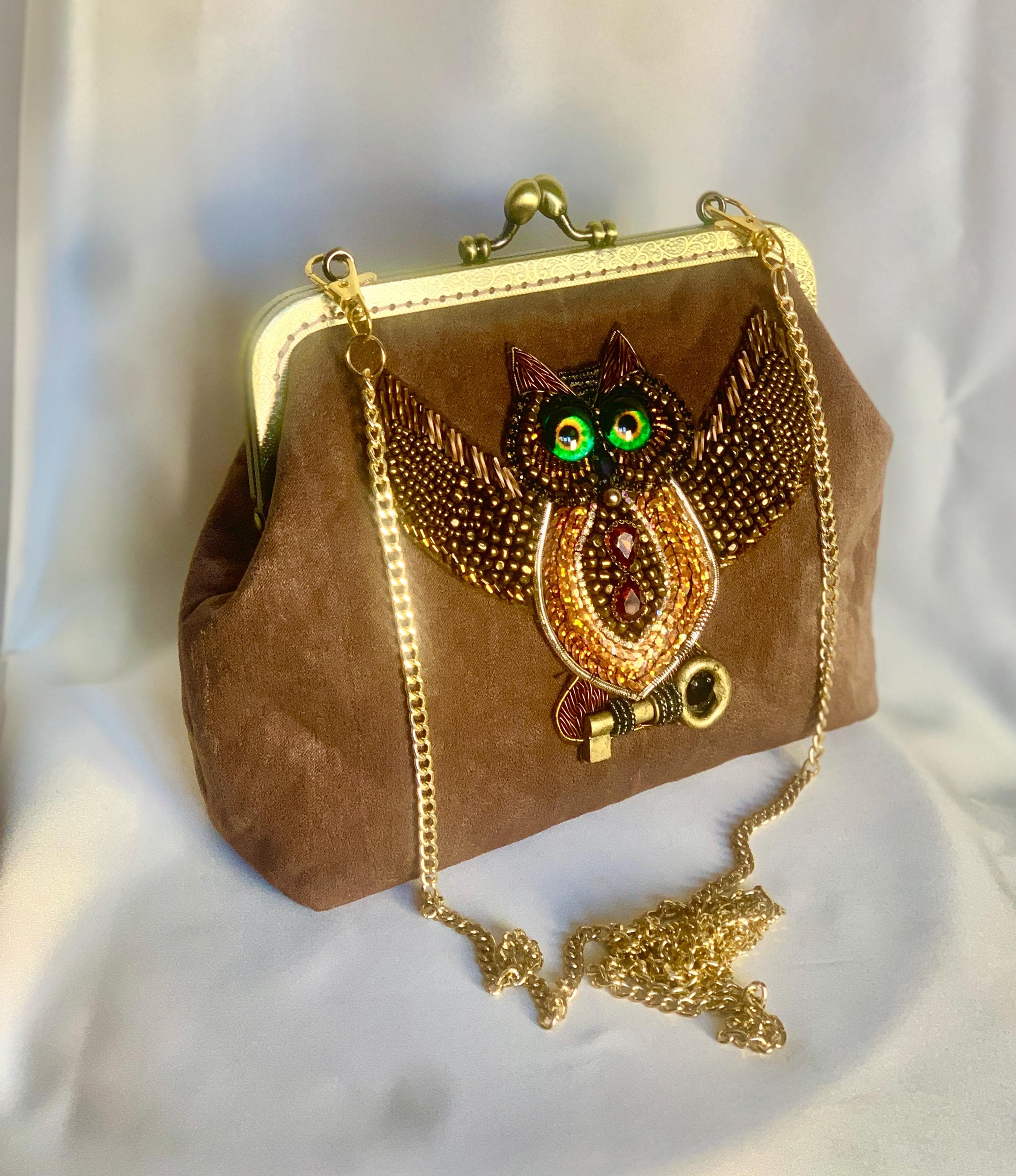 Brown Suede Handbag  Handmade Vintage Clutch with Beaded Owl Embroidery   Retro Purse with Metal Fra