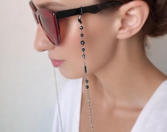 Cadena para gafas de hematita y marcasita, cadena para gafas con cuentas plateadas, soporte minimalista para gafas, cadena para gafas de sol, correa para gafas para mujer