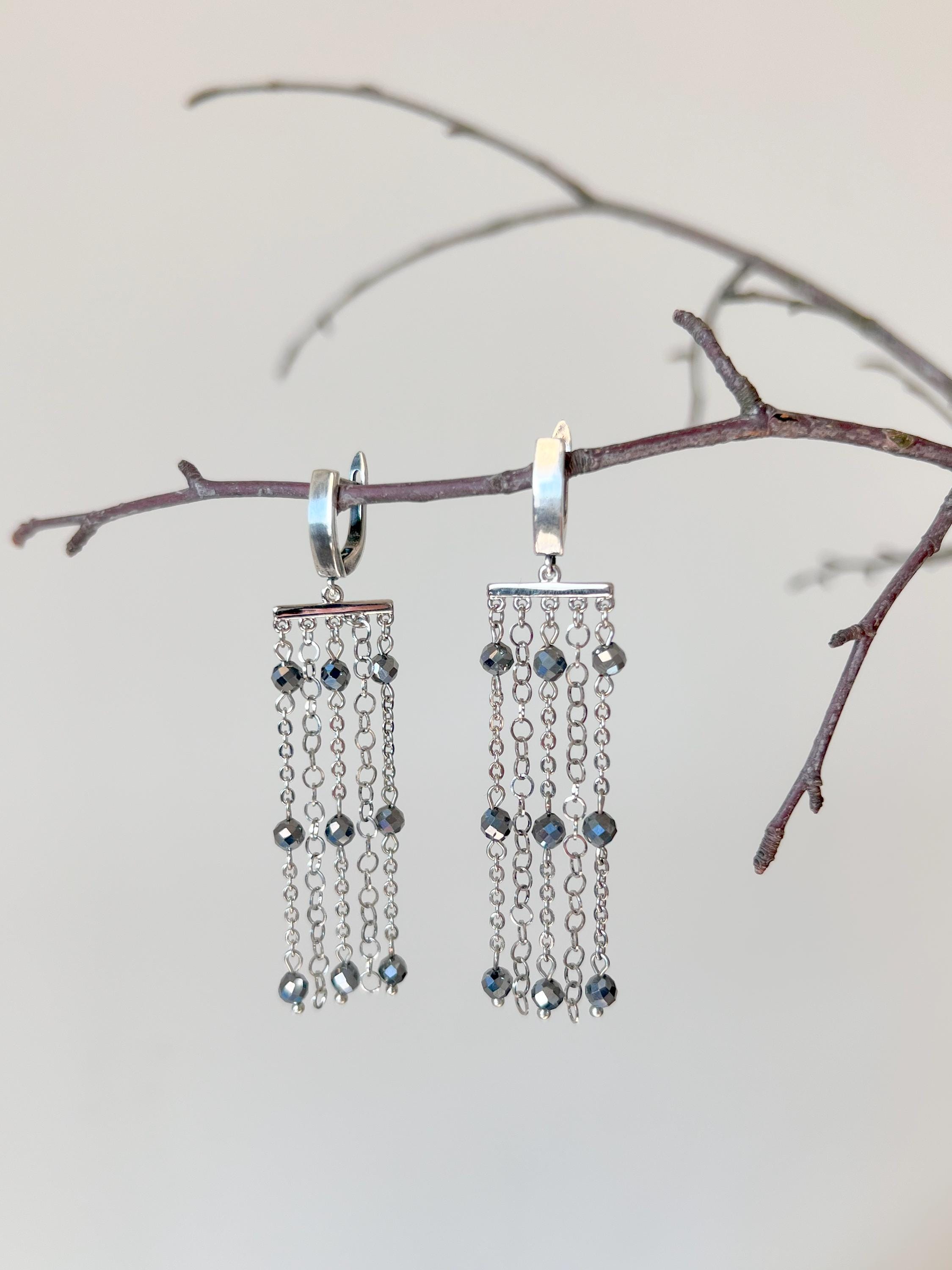 Orecchini Lunghi In Argento Con Cristalli, Marcasite E Pirite – Catena Unica, Gioielli Da Sposa In Stile Boho-gotico, Regalo Fatto A Mano Per Lei - Italia - Foto 5