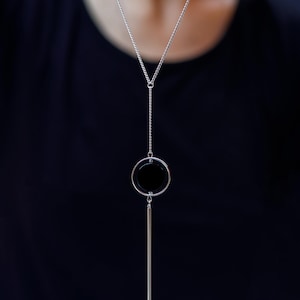 Silver Lariat Necklace with Black Onyx – Minimalist Crystal Y Necklace, Statement Protection Jewelry Gift for Her, Long Chain Necklace