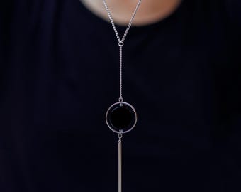 Silver Lariat Necklace with Black Onyx – Minimalist Crystal Y Necklace, Statement Protection Jewelry Gift for Her, Long Chain Necklace