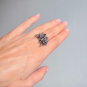Könnte beinhalten: Ein silberfarbener Clusterring mit zahlreichen kleinen, dunklen Edelsteinen. Die Edelsteine sind in einem strukturierten, organischen Muster angeordnet. Der Ring wird auf einer Hand vor grauem Hintergrund präsentiert.