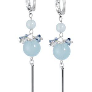 Aquamarine Long Dangle Earrings, Light Blue Gemstone Silver Drops, Handmade Art Deco Crystal Jewelry, Unique Statement Gift for Her