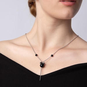 Black Onyx Crystal Lariat Necklace, Long Silver Gemstone Jewelry, Art Deco Dainty Statement Necklace, Handmade Birth Stone Gift for Woman