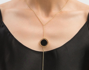 Onyx Gold Necklace • Minimalist Y Necklace • Long Black Onyx Necklace • Gold Lariat Necklace • Gift for Her • Birthday Gift for Women