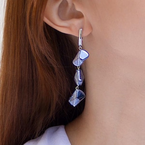 Silver Long Dangle Earrings Light Blue Glass Drop, Bridal Boho Statement Crystal Earrings, Wedding Gift for Her, Handmade Jewelry