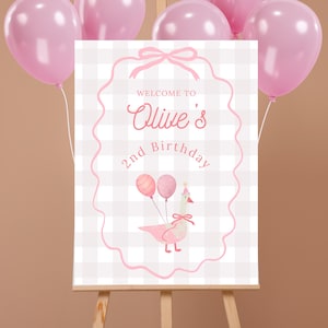 One Silly Goose Customizable Welcome Sign, Personalized First Birthday Party Sign Template, Two Silly, Pink One Checkered Birthday Decor
