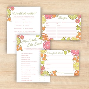 Pacote de jogos para chá de panela Citrus, chá de panela Main Squeeze, modelos de jogos para impressão, cartões de receitas para chá de panela, jogo Advice For The Bride