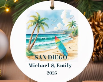 San Diego Christmas Ornament 2026 | Personalized California Beach City Gift | Custom Name Couples Keepsake | Surfer Decor