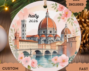 Personalized Florence Ornament, Custom Couple Names Christmas Gift, Ponte Vecchio Cherry Blossom Watercolor Keepsake, Italy Gift