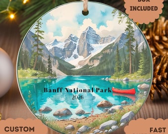 Personalized Banff National Park Ornament, Custom Name Canada Mountain Lake Christmas Ornament, Canadian Rockies Travel Gift