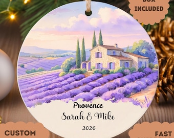 Personalized Provence Ornament, Custom Couple Names Christmas Gift, Lavender Field Watercolor Travel Keepsake, France Engagement Gift
