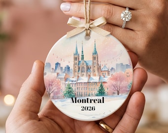 Personalized Montreal Christmas Ornament, Custom Name Date, Watercolor Skyline Design, Canada Travel Souvenir Gift