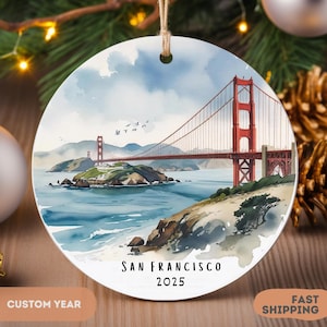 San Francisco Christmas custom Ornament Golden Gate Bridge Souvenir ,Bay Area Keepsake Gift, California Holiday Decor Watercolor