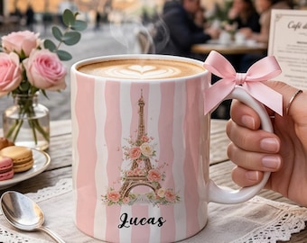 Paris Mug with Name, Eiffel Tower Coffee Cup, Coquette Aesthetic Gift, Cute Pink Ceramic Mug