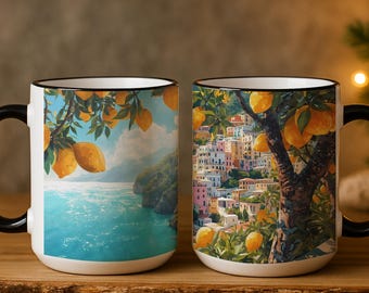 Amalfi Coast Coffee Mug | Watercolor Lemon & Coastal View