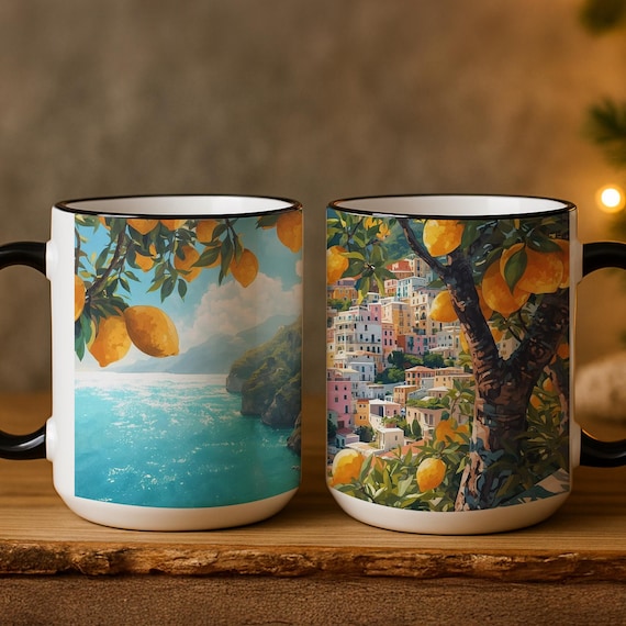 Amalfi Coast Coffee Mug | Watercolor Lemon & Coastal View