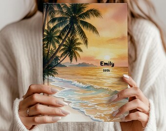 Tropical Sunset Journal | Palm Tree Beach Hardcover & Spiral Bound Notebook | Coastal Gift for Her | Custom Name Journal