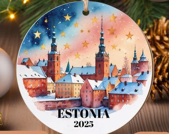 Personalized Estonia Christmas Ornament 2025 | Tallinn Old Town Winter Ornament | Europe Travel Keepsake | Custom Holiday Gift Decor