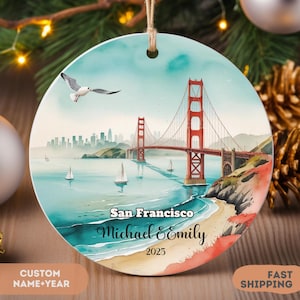 San Francisco Christmas custom Ornament Golden Gate Bridge Souvenir ,Bay Area Keepsake Gift, California Holiday Decor Watercolor