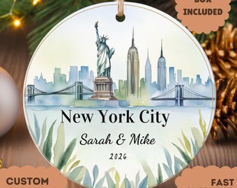 Personalized Statue of Liberty Ornament, Custom Couple Names Christmas Gift, NYC Watercolor Travel Keepsake, New York Engagement Gift