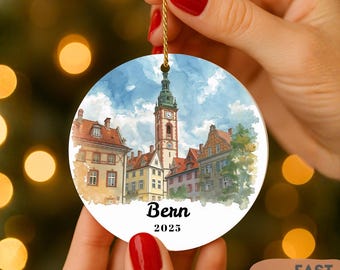 Bern Switzerland Ornament • Watercolor Old Town, Personalized Travel Gift