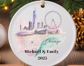 Personalized Chicago Ornament • Watercolor Skyline Christmas Keepsake