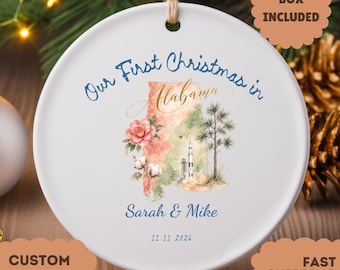 Personalized Our First Christmas Ornament, Custom State Map, Choose Your State, Couple's Name Date, Watercolor Home State Gift