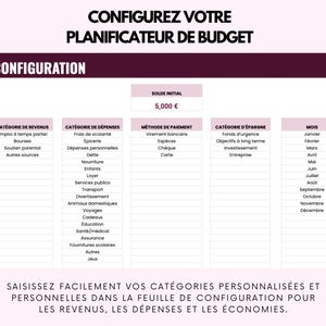 May include: A budget planner configuration page with text in French. The layout includes sections for income, expenses, payment methods, savings, and months. The initial balance is listed as 5,000 euros. The page is on a pink background.