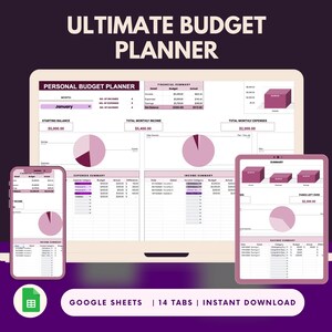 May include: A computer screen displaying a Google Sheets spreadsheet with a pink and burgundy color scheme. The spreadsheet is titled "Ultimate Budget Planner" and includes tabs for "Personal Budget Planner", "Financial Summary", "Expense Summary", and "Income Summary". The spreadsheet is designed to help users track their income and expenses.
