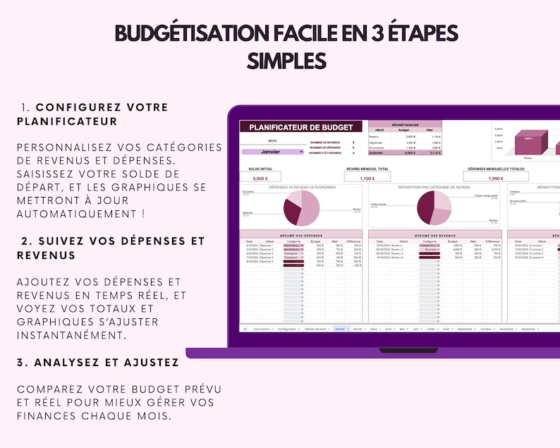 May include: A purple laptop screen displays a budget planner interface with charts and tables. The text at the top reads "BUDG&Eacute;TISATION FACILE EN 3 &Eacute;TAPES SIMPLES". The screen shows financial data, including income, expenses, and monthly totals. The interface is designed to help users manage their finances.